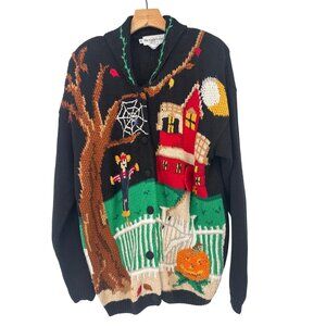 Vintage Halloween Sweater Cardigan Women’s size XL Eagles Eye 1995 Scarecrow